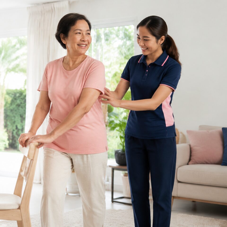 นักกายภาพบำบัด PIMOTION ช่วยพยุงผู้สูงอายุลุกยืนและฝึกเดินในบ้านที่ภูเก็ต