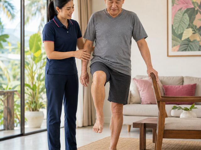 นักกายภาพบำบัดดูแลผู้สูงอายุฝึกยืนขาเดียวเพื่อฝึกการทรงตัวและป้องกันการหกล้มในบ้าน